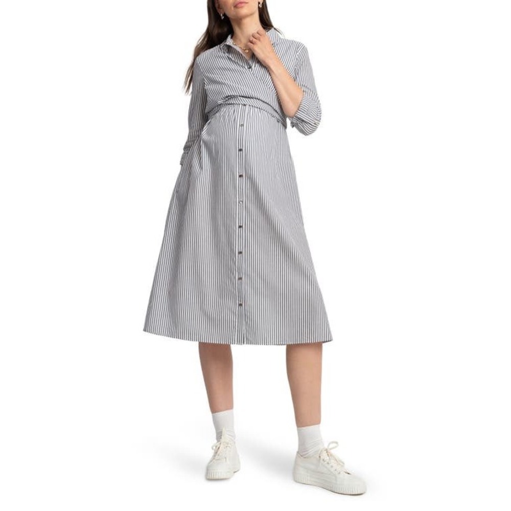 Seraphine Arianna Cotton Blend Stripe Maternity and Nursing Midi Shirt Dress